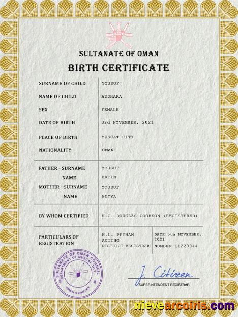 Oman vital record birth certificate